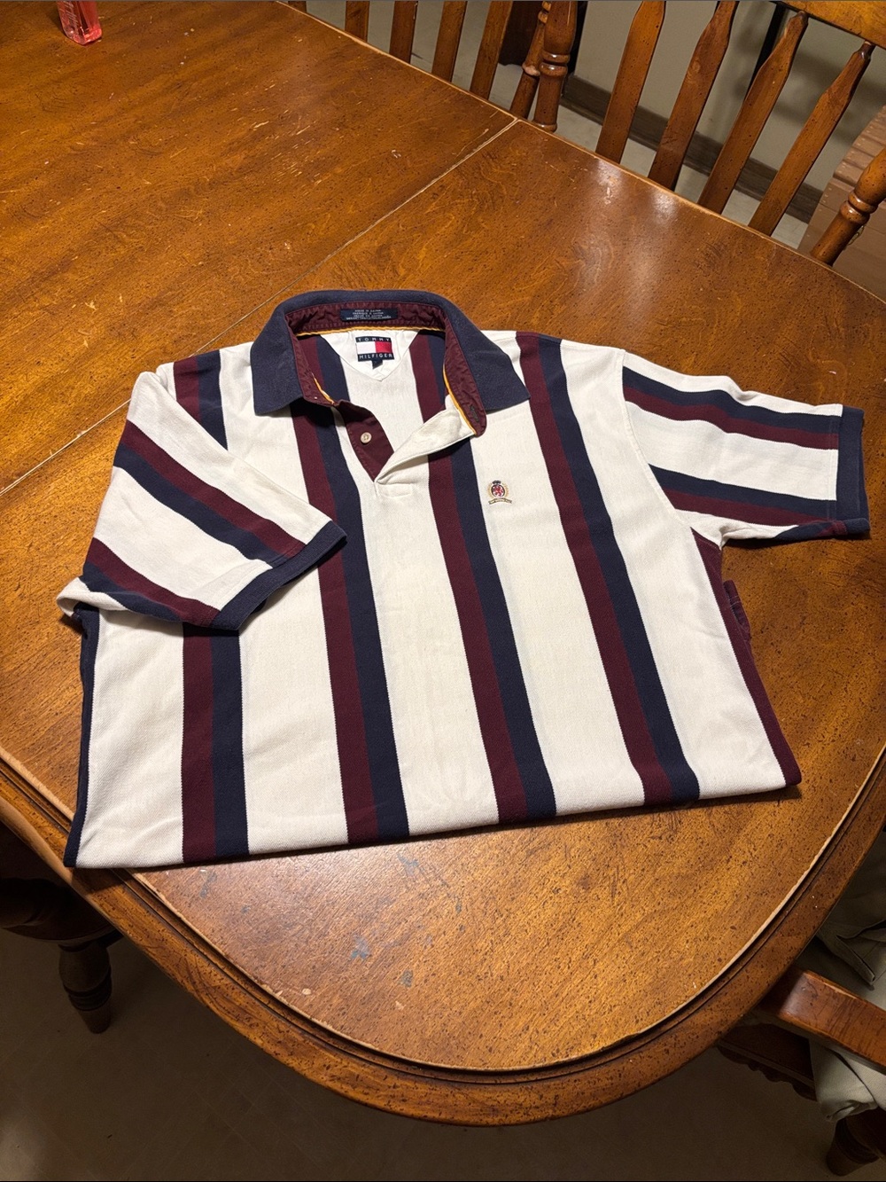 Tommy Hilfiger White Polo with Navy & Burgundy Stripes